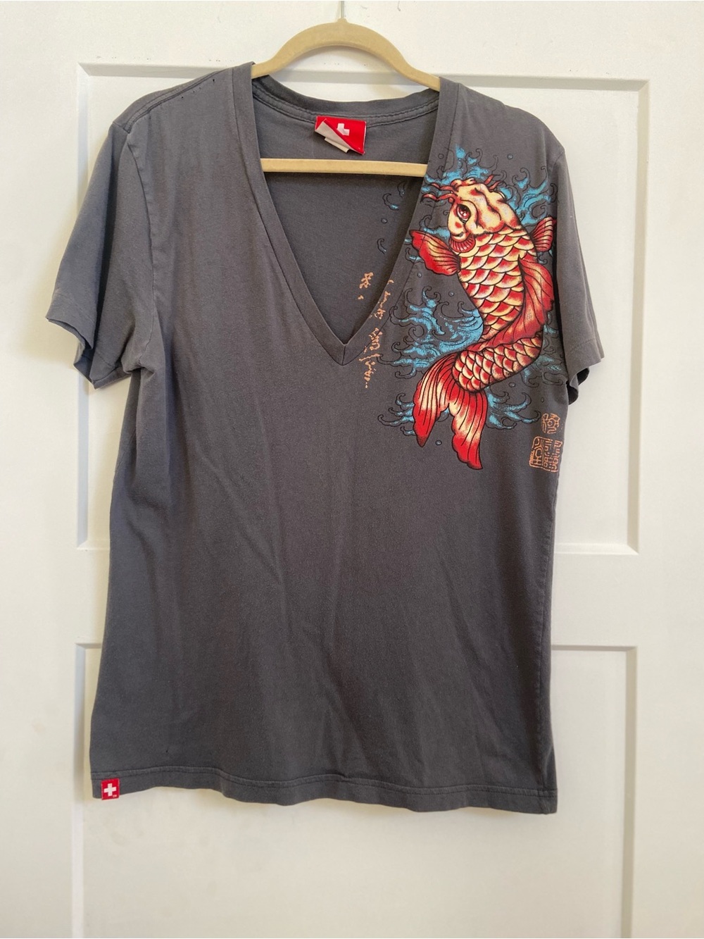Andrew Christian Gray V-Neck Tee with Red Koi Graphic